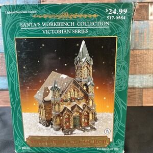 2000 Vtg Santa's Workbench Victorian Stoneybridge Church Lighted Porcelain House